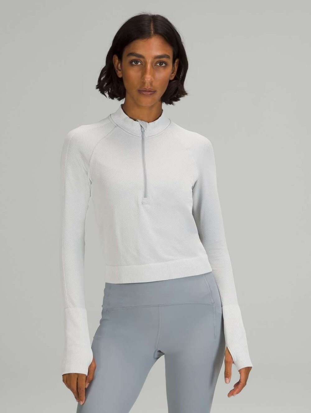 Lululemon Rest Less Cropped 1/2 ZipDiagonal Rib Silver Drop / White